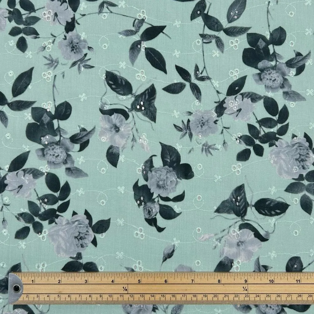 Grey Floral Broderie Anglaise Polycotton Fabric