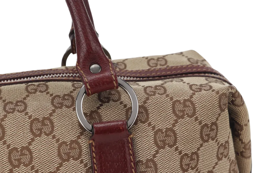 GUCCI 113009 214397 GG BOSTON BAG SMALL BEIGE MAROON CANVAS SILVER HARDWARE WITH DUST COVER