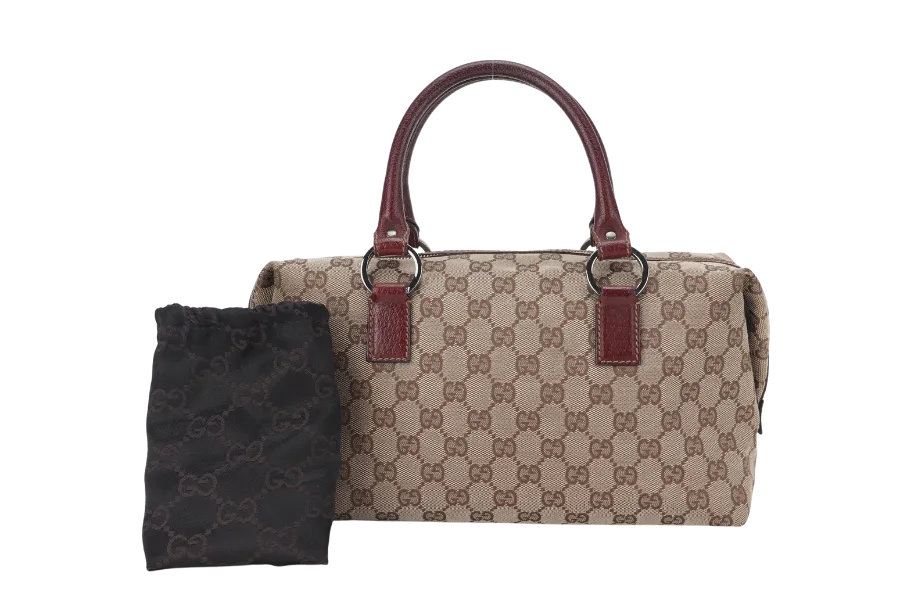 GUCCI 113009 214397 GG BOSTON BAG SMALL BEIGE MAROON CANVAS SILVER HARDWARE WITH DUST COVER