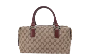 GUCCI 113009 214397 GG BOSTON BAG SMALL BEIGE MAROON CANVAS SILVER HARDWARE WITH DUST COVER