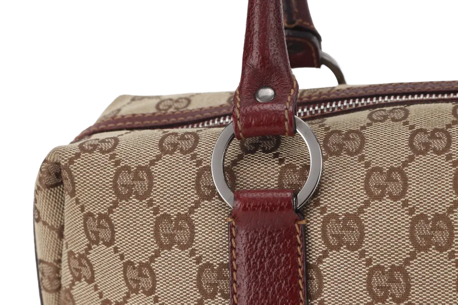 GUCCI 113009 214397 GG BOSTON BAG SMALL BEIGE MAROON CANVAS SILVER HARDWARE WITH DUST COVER