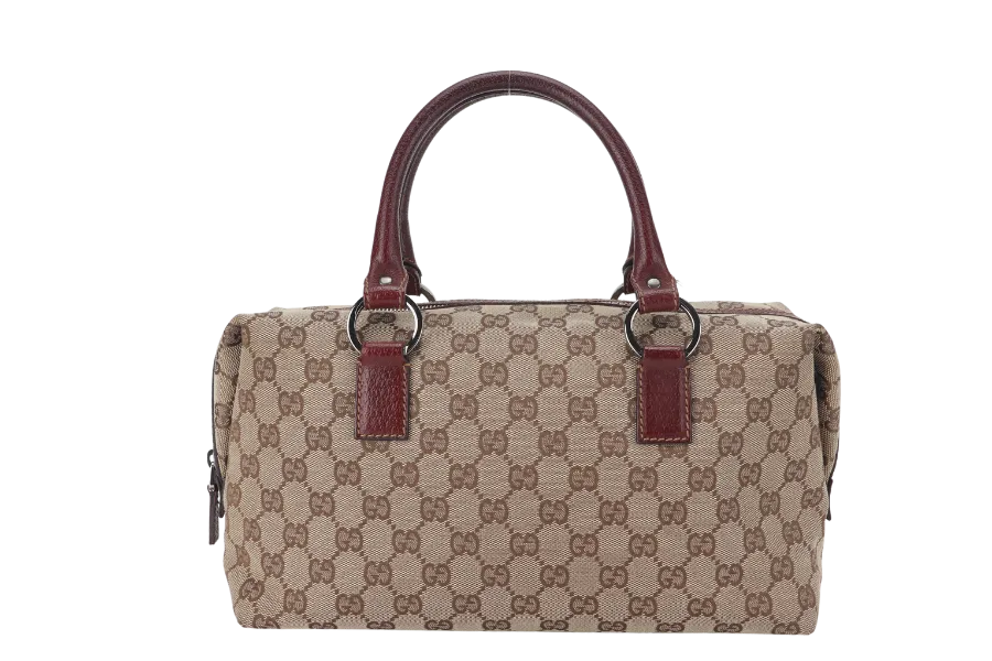 GUCCI 113009 214397 GG BOSTON BAG SMALL BEIGE MAROON CANVAS SILVER HARDWARE WITH DUST COVER