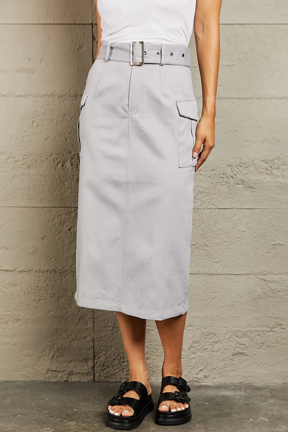 HYFVE Professional Light Gray Buckled Cotton Midi Skirt with Pockets