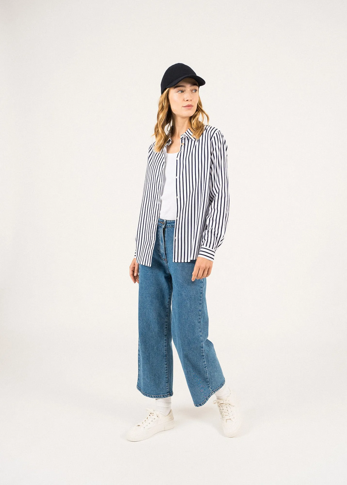 LALIE - Striped Satin Blouse  (WHITE / NAVY)