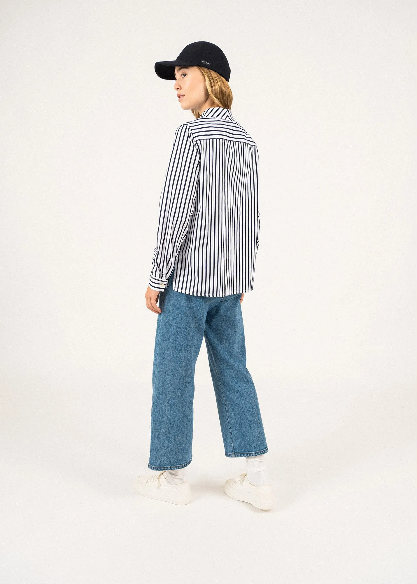 LALIE - Striped Satin Blouse  (WHITE / NAVY)