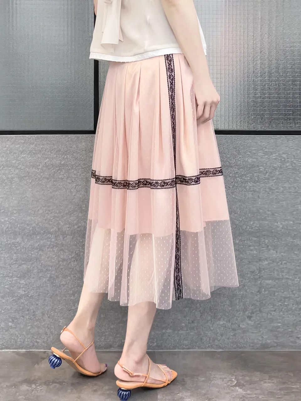 Last Chance! Blush Pink Lace Trim Tulle Layer Pleated Wrap Skirt