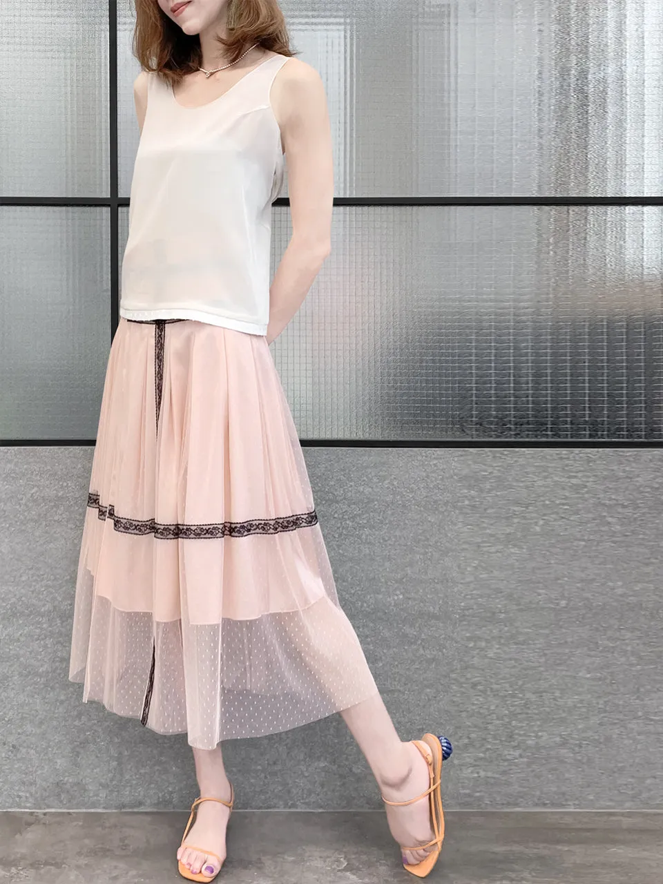 Last Chance! Blush Pink Lace Trim Tulle Layer Pleated Wrap Skirt