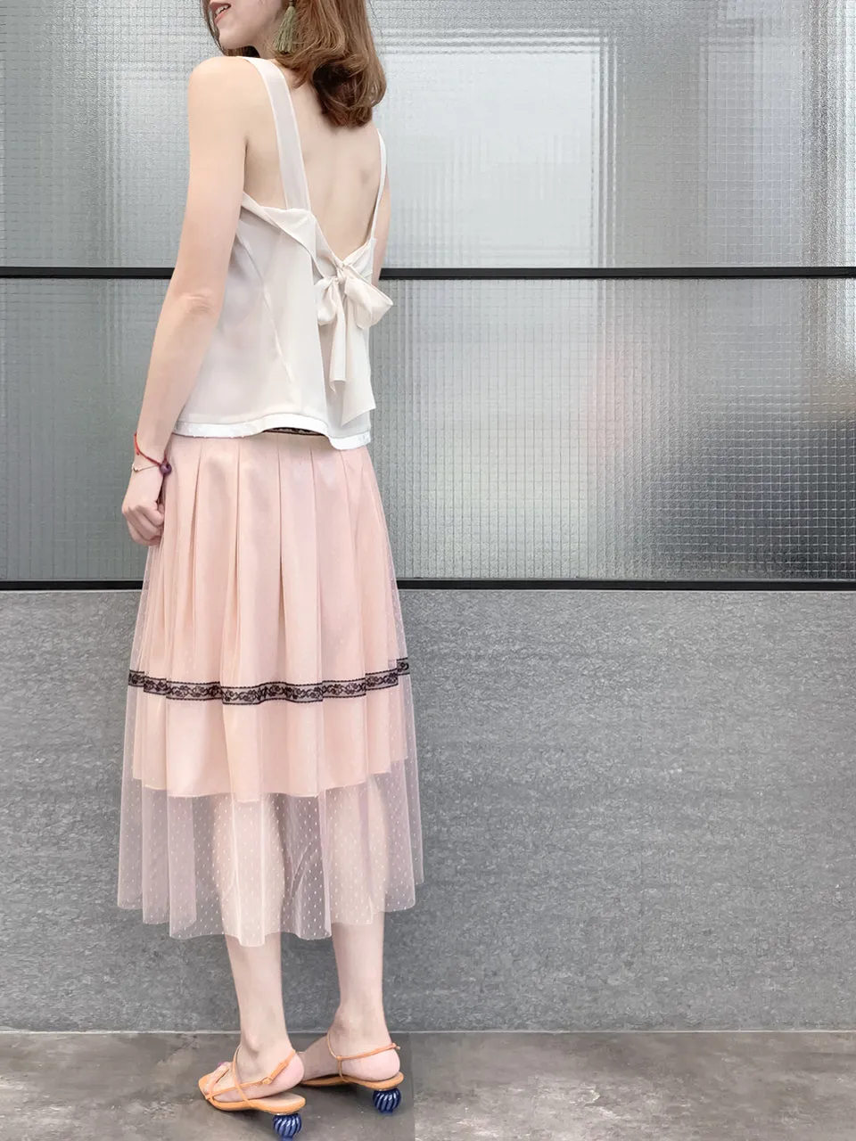 Last Chance! Blush Pink Lace Trim Tulle Layer Pleated Wrap Skirt