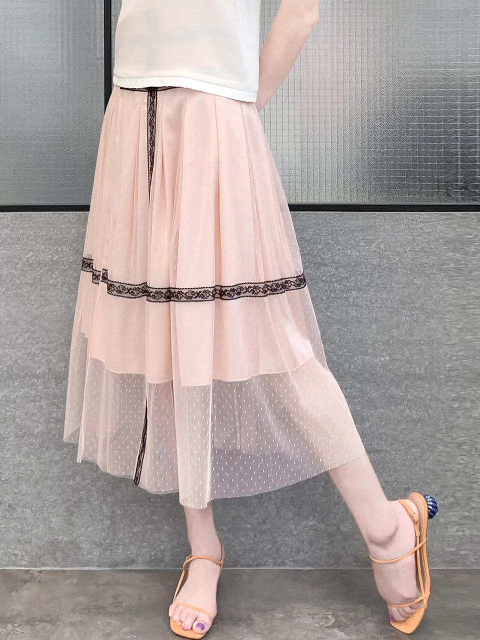 Last Chance! Blush Pink Lace Trim Tulle Layer Pleated Wrap Skirt