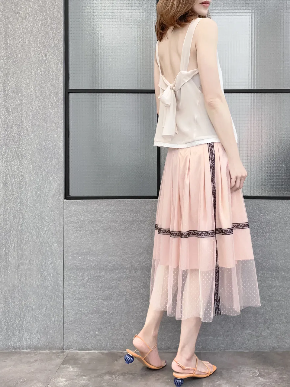 Last Chance! Blush Pink Lace Trim Tulle Layer Pleated Wrap Skirt