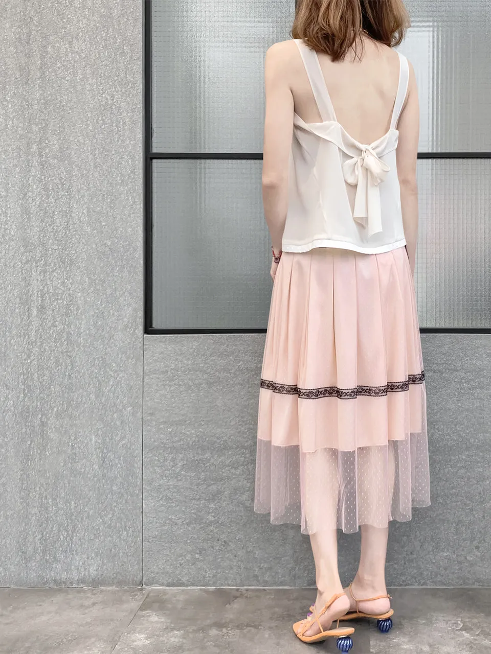 Last Chance! Blush Pink Lace Trim Tulle Layer Pleated Wrap Skirt