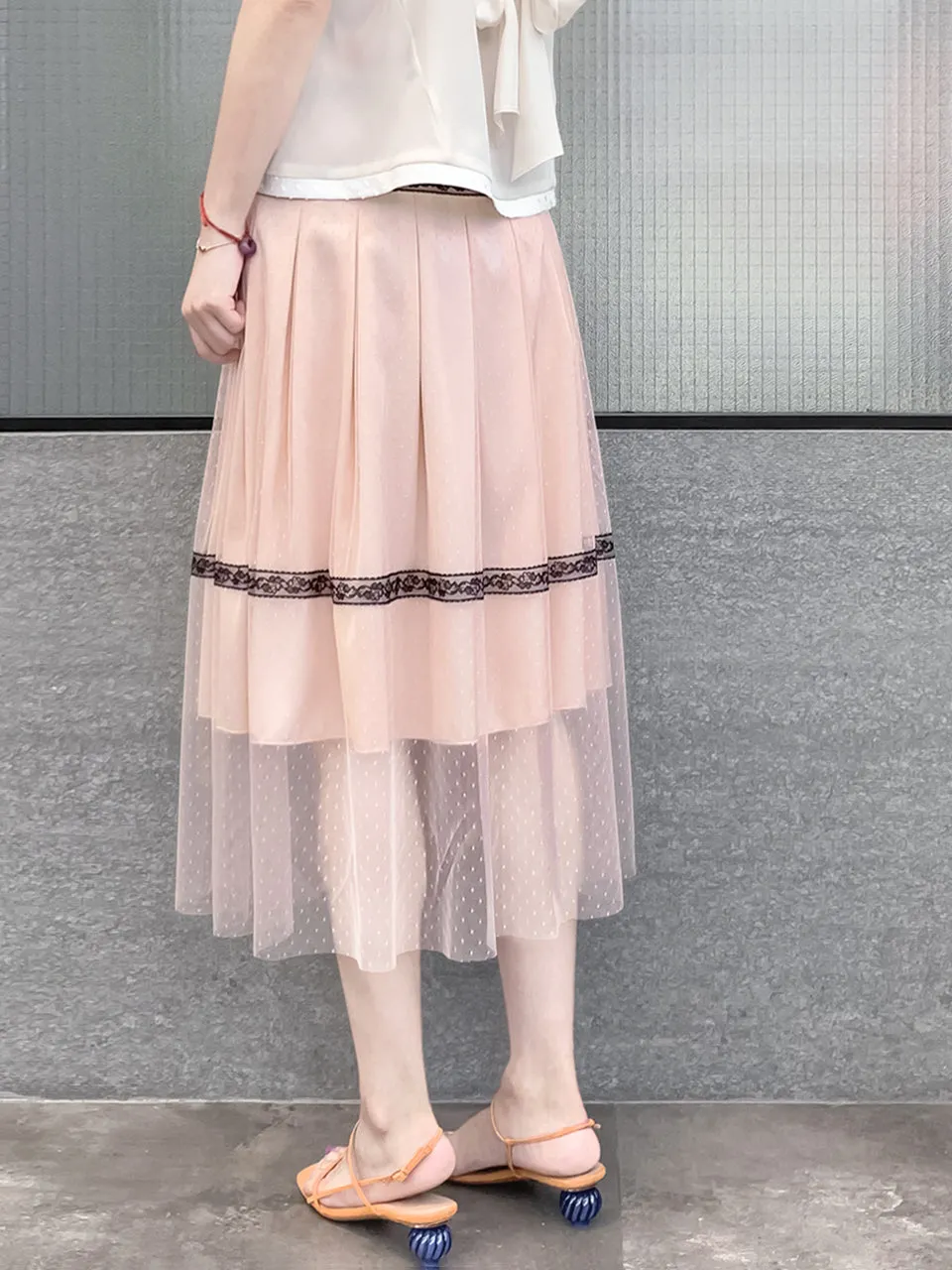 Last Chance! Blush Pink Lace Trim Tulle Layer Pleated Wrap Skirt