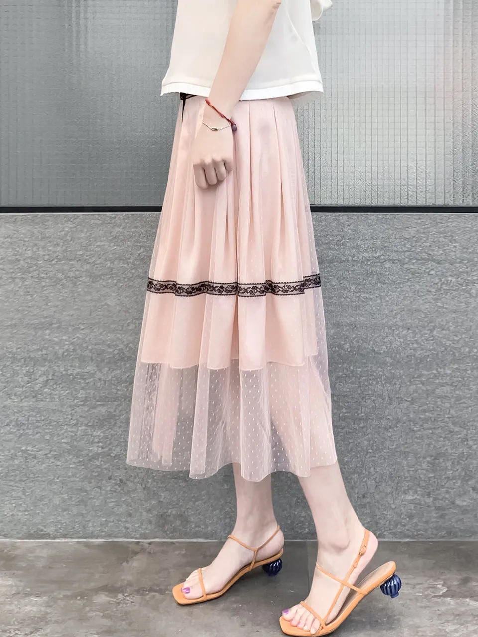 Last Chance! Blush Pink Lace Trim Tulle Layer Pleated Wrap Skirt