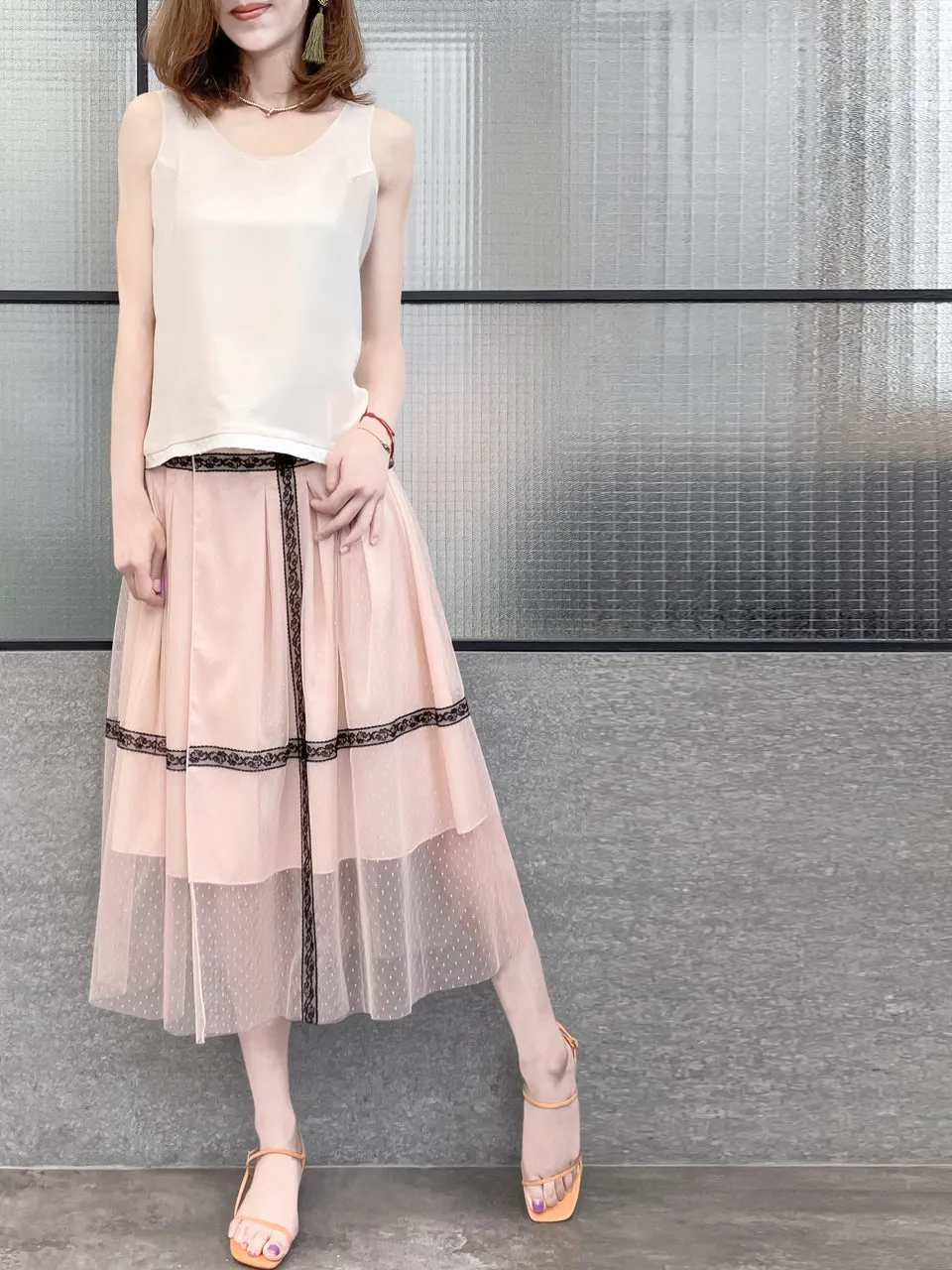 Last Chance! Blush Pink Lace Trim Tulle Layer Pleated Wrap Skirt