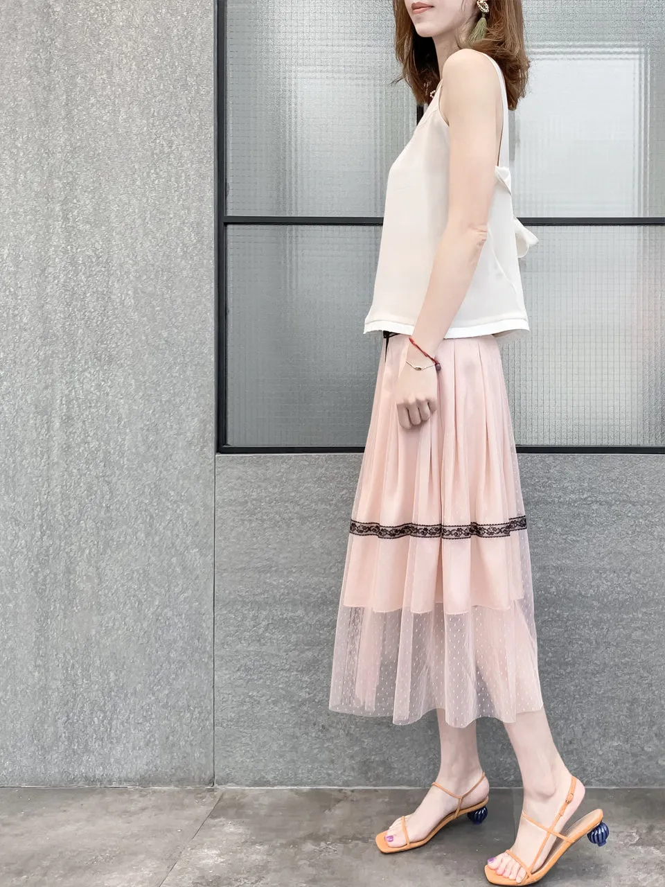 Last Chance! Blush Pink Lace Trim Tulle Layer Pleated Wrap Skirt