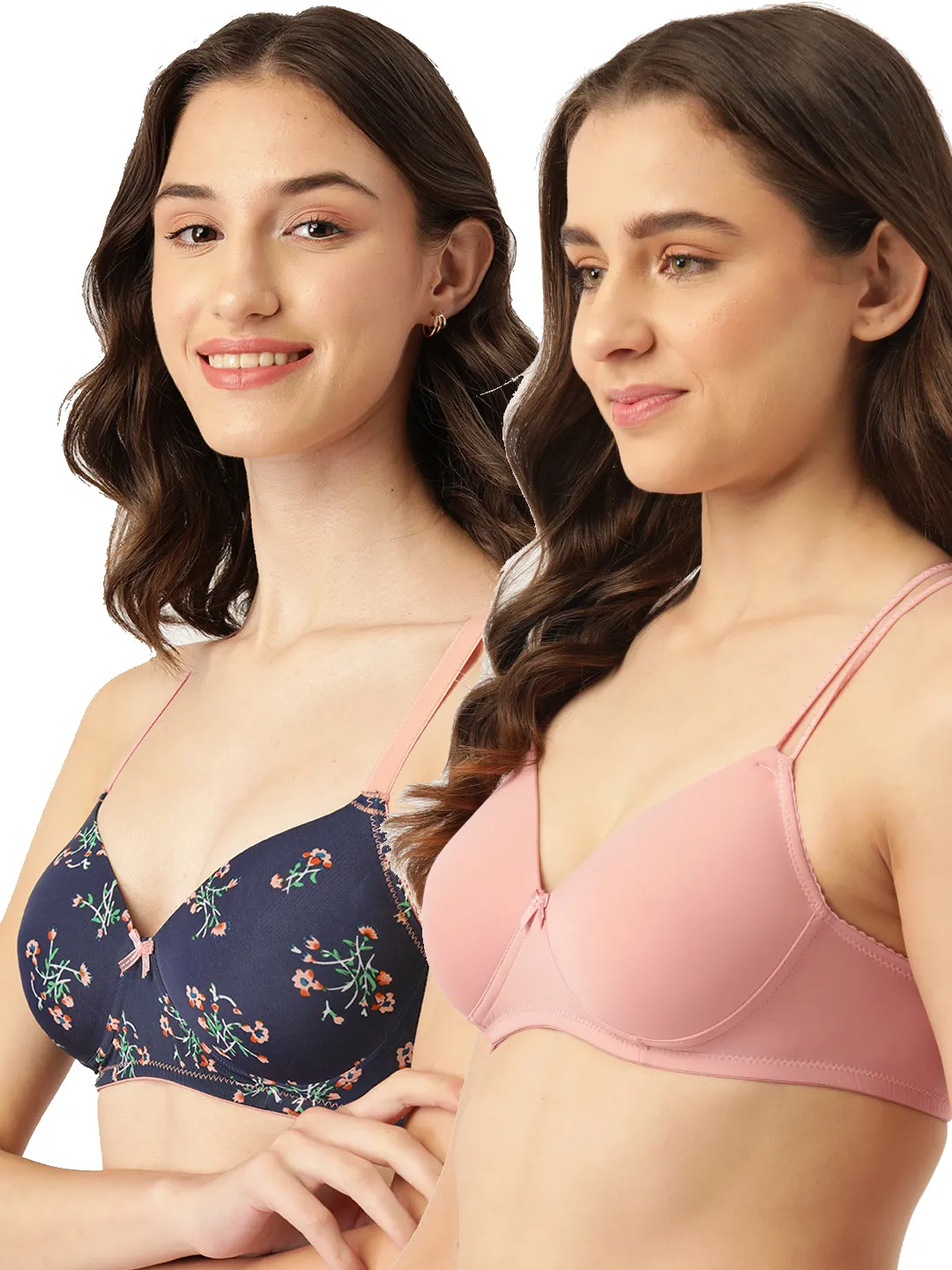 Leading Lady Women's Pack of 2 Solid & Printed T-Shirt Bra with Full Coverage and Non Wire [ BRA-4023-4072-2 ]