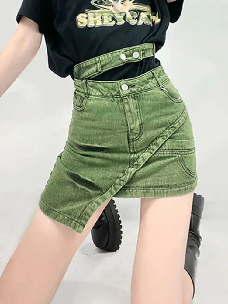 LVSANW DEAT Fashion Women's Skirt High Waist Patchwork Irregular Mini Above Knee Tie-dyed Green Denim Skirts Spring 2024 New 17A1759