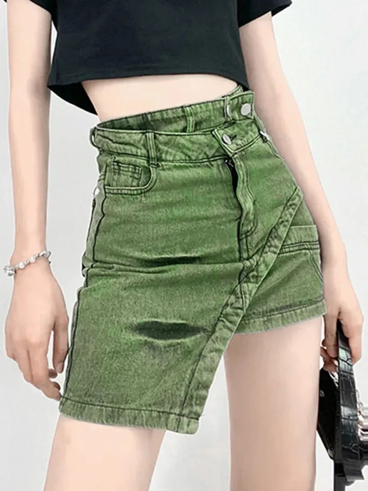 LVSANW DEAT Fashion Women's Skirt High Waist Patchwork Irregular Mini Above Knee Tie-dyed Green Denim Skirts Spring 2024 New 17A1759