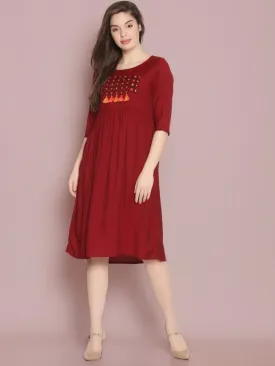 Maroon Embroidered Shift Dress