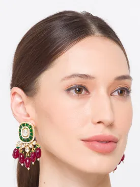 Maroon Green Gold Tone Kundan Earrings with Onyx