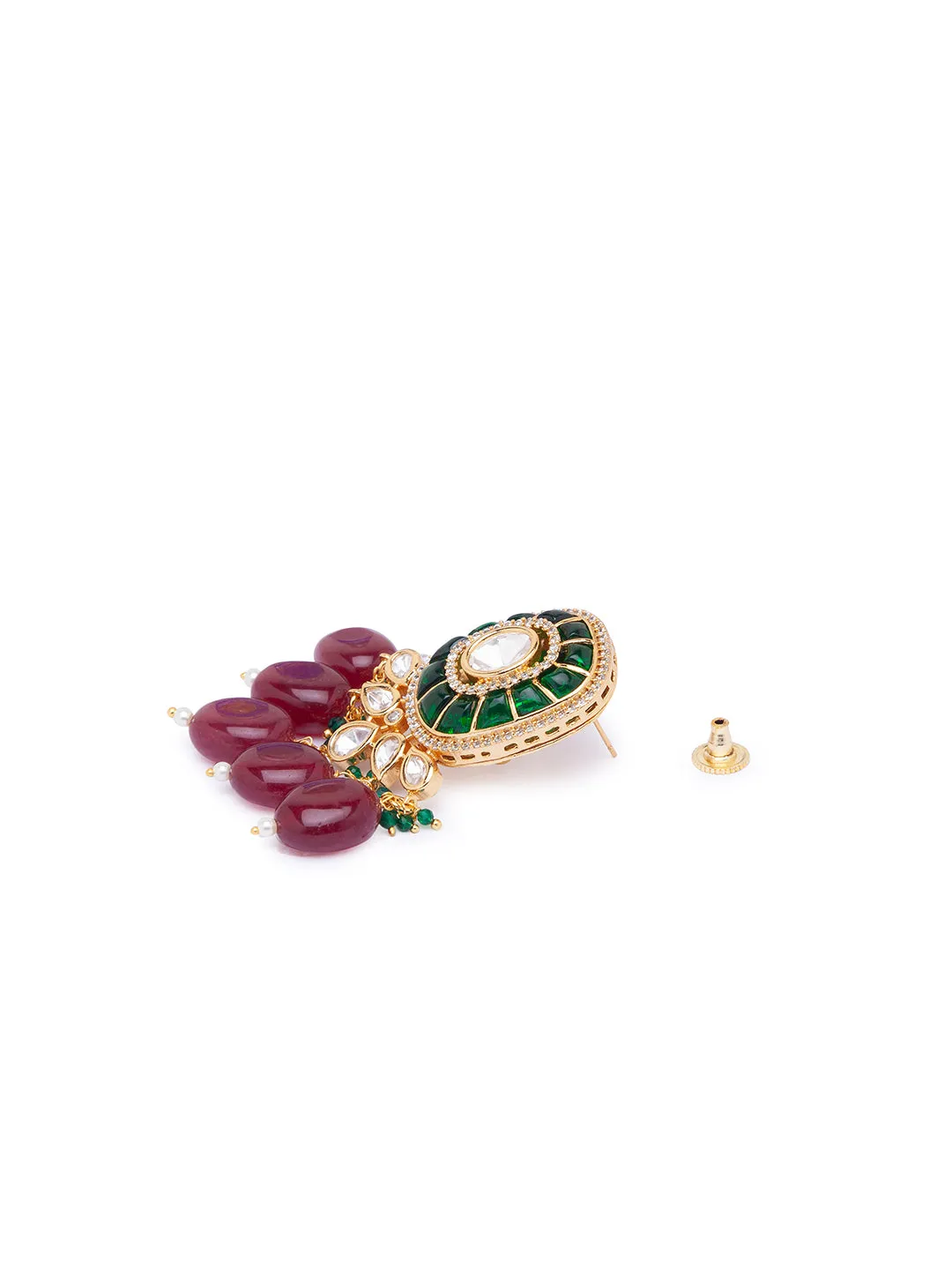 Maroon Green Gold Tone Kundan Earrings with Onyx