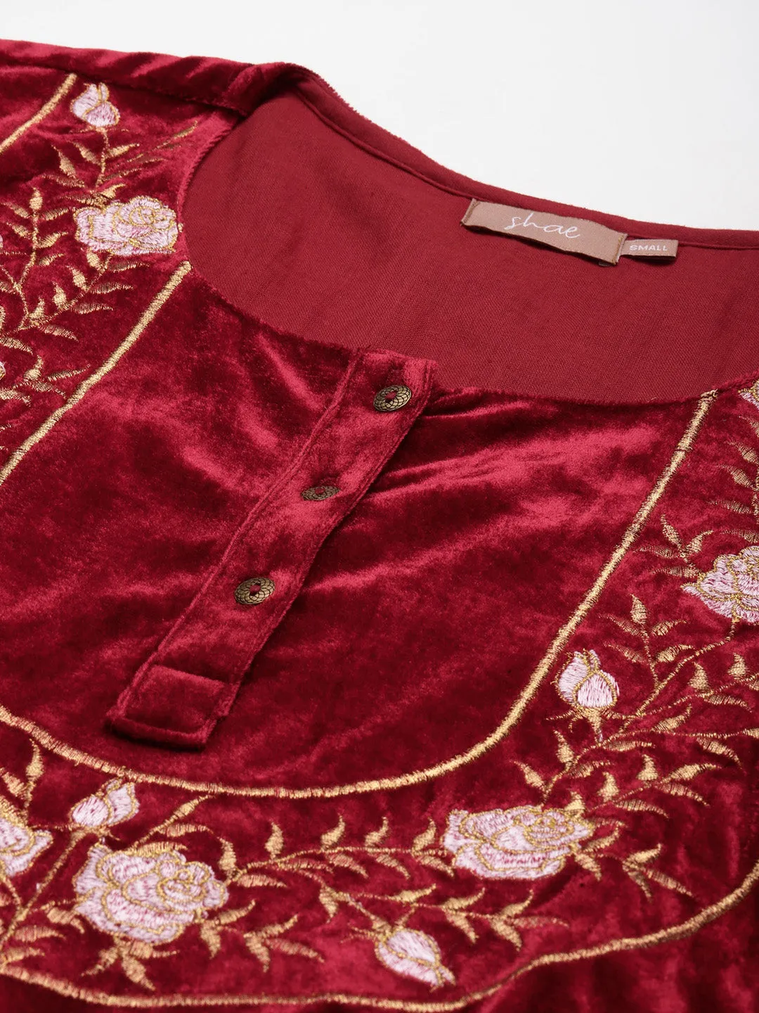 Maroon Velvet Floral Embroidery Straight Kurta