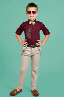 Maroon with Grey Suspender Style Pant Shirt Set for Boys with Bow and Belt