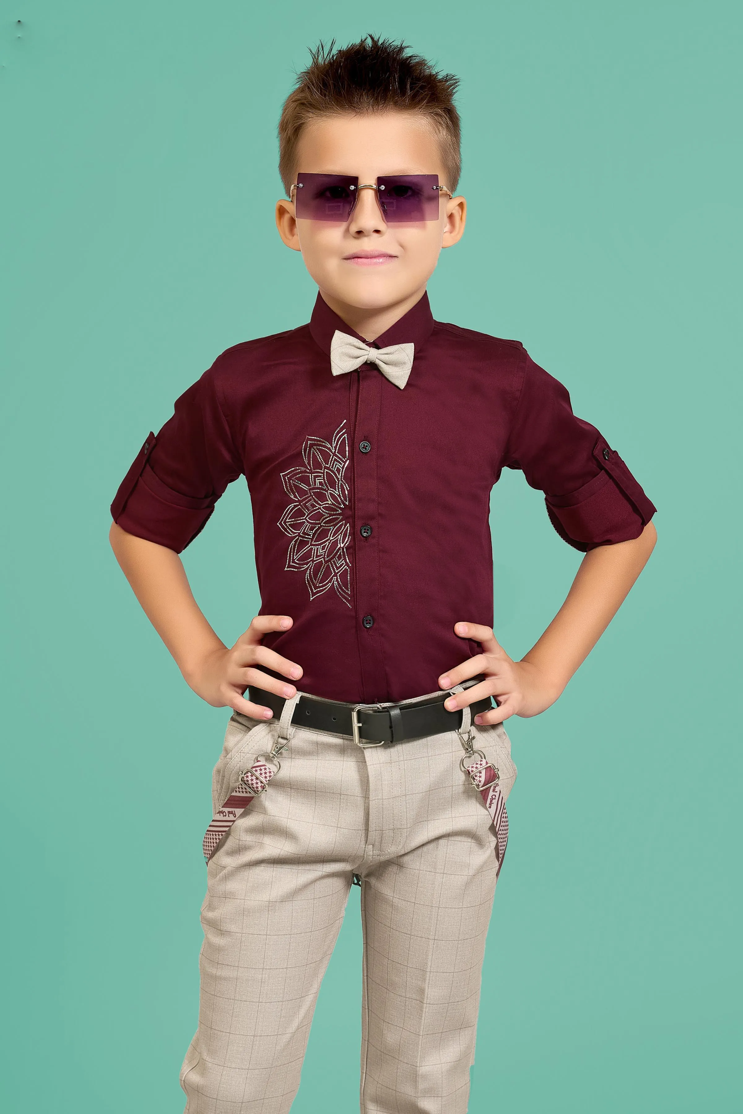 Maroon with Grey Suspender Style Pant Shirt Set for Boys with Bow and Belt