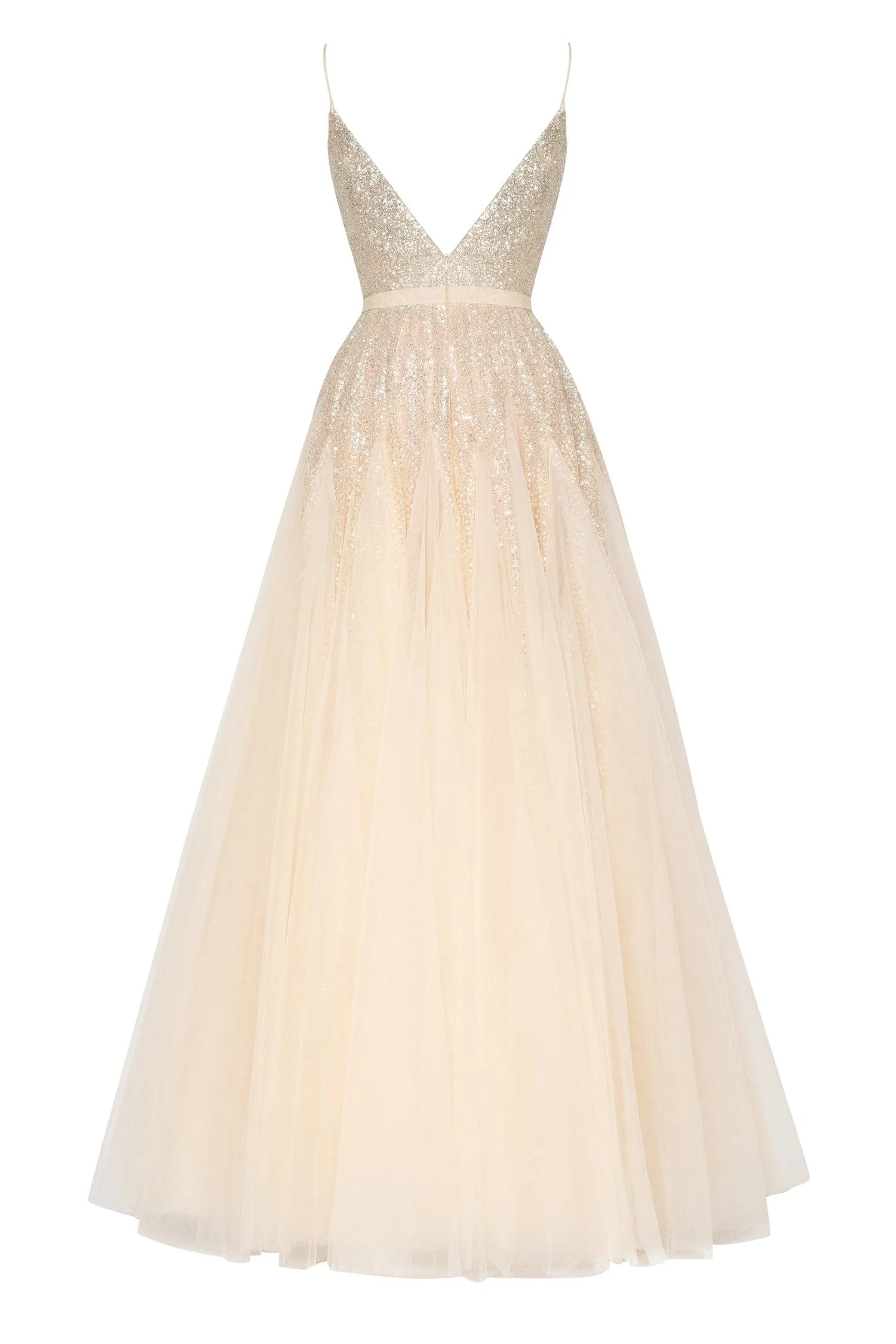 Melon Fitted maxi tulle dress sprinkled with glitter