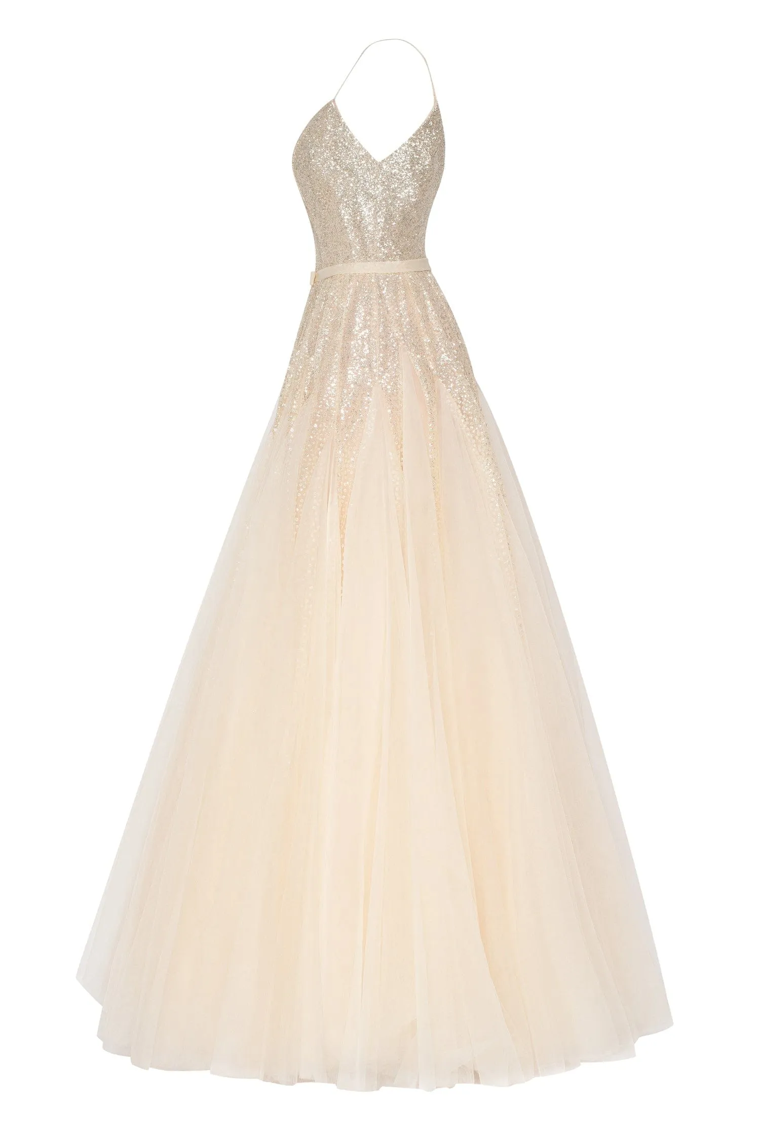 Melon Fitted maxi tulle dress sprinkled with glitter