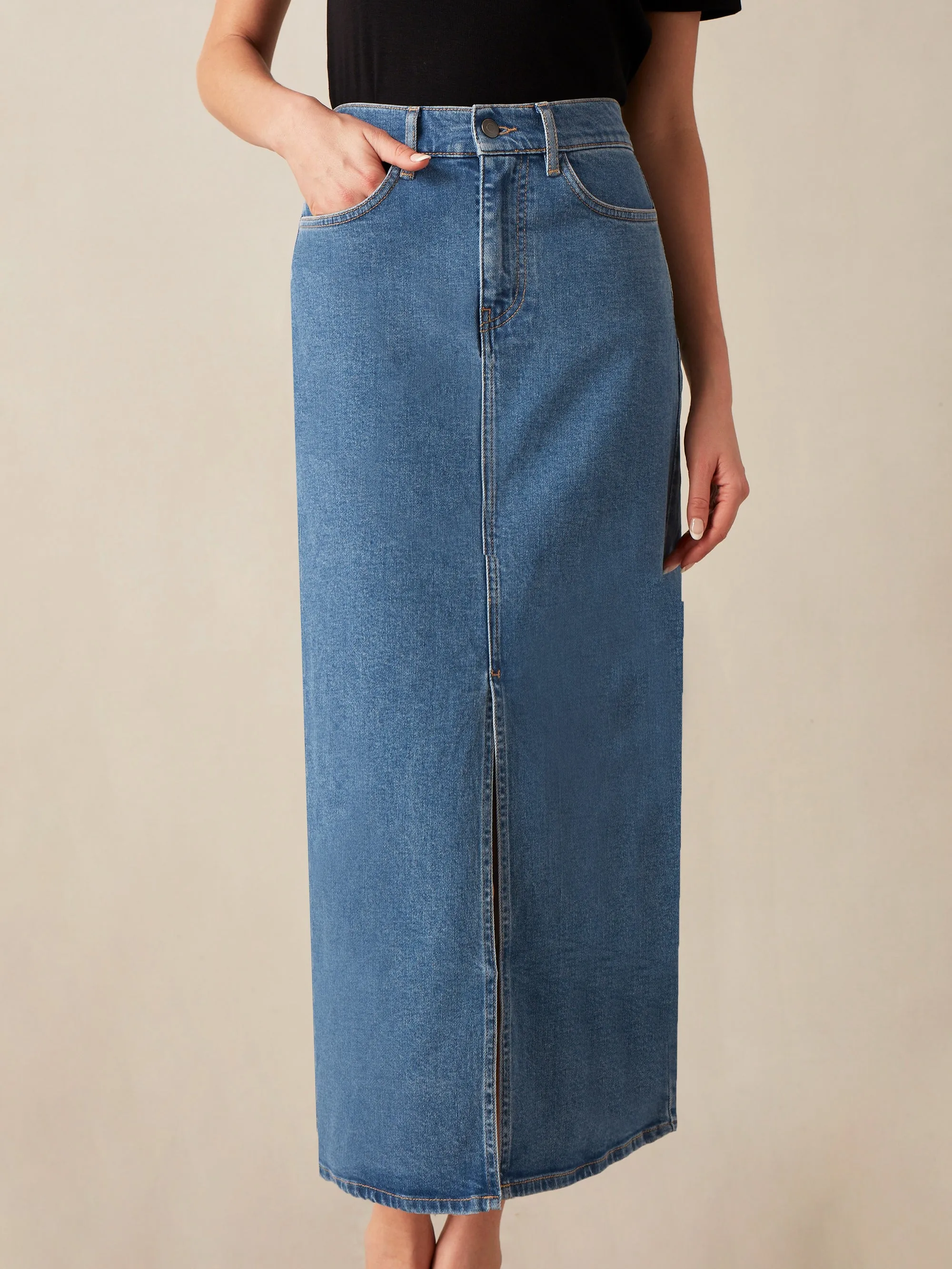 Mid Wash Blue Denim Midaxi Skirt