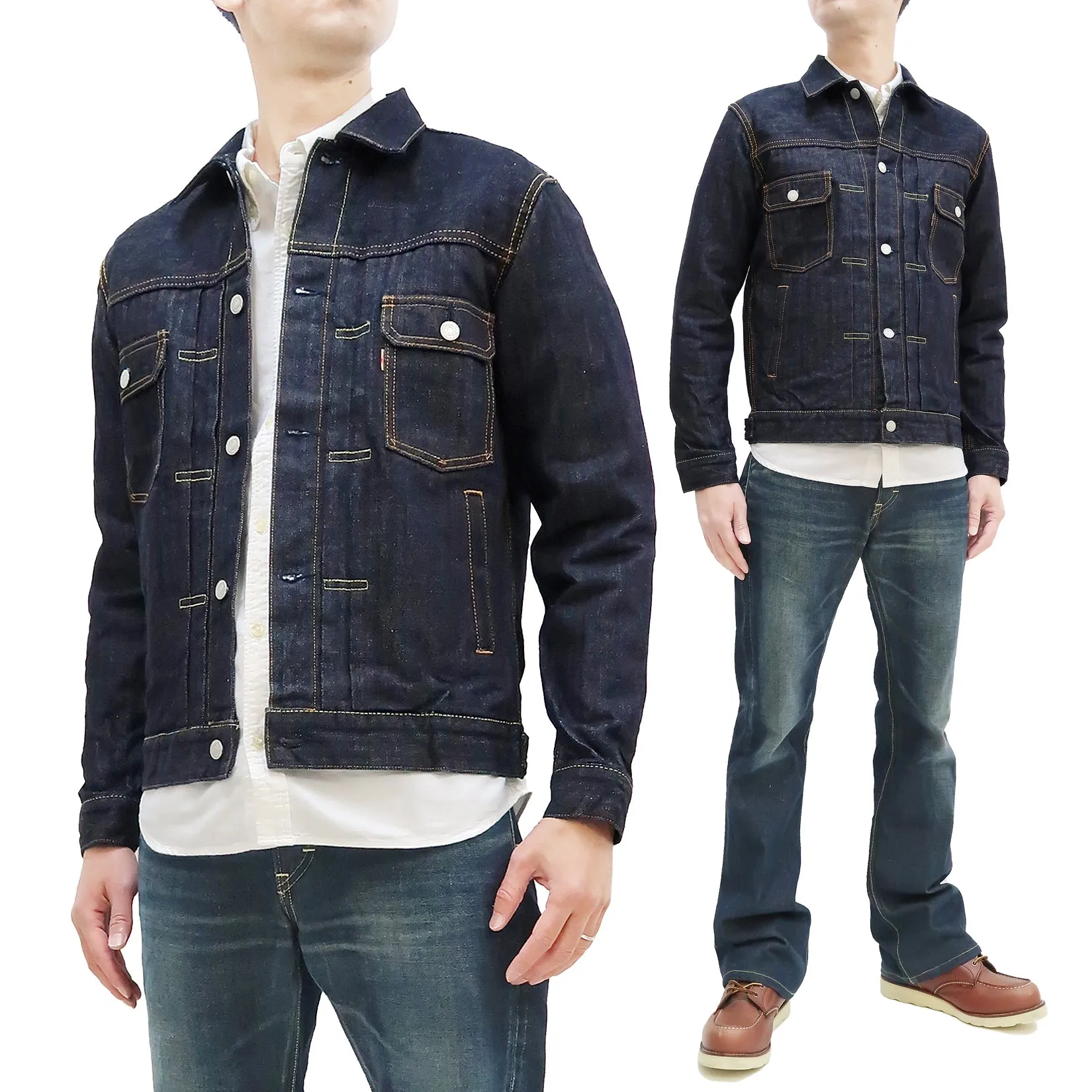 Momotaro Jeans Jacket Men's Modern Indigo Herringbone Denim Trucker Jacket MJK0010M23R Indigo