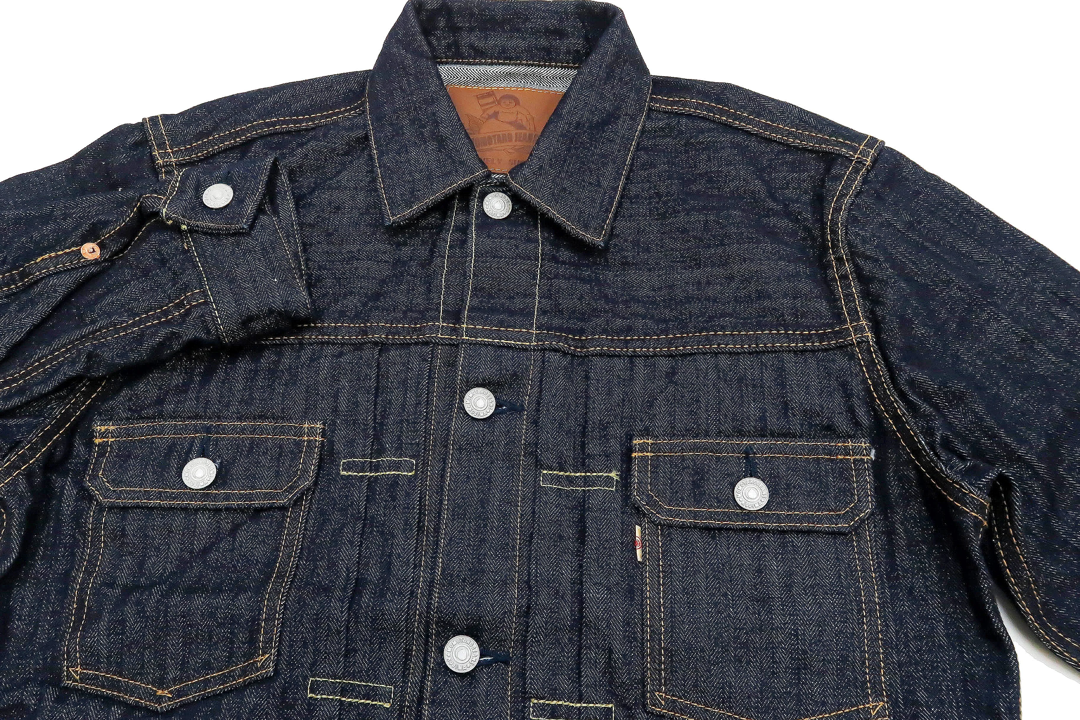 Momotaro Jeans Jacket Men's Modern Indigo Herringbone Denim Trucker Jacket MJK0010M23R Indigo