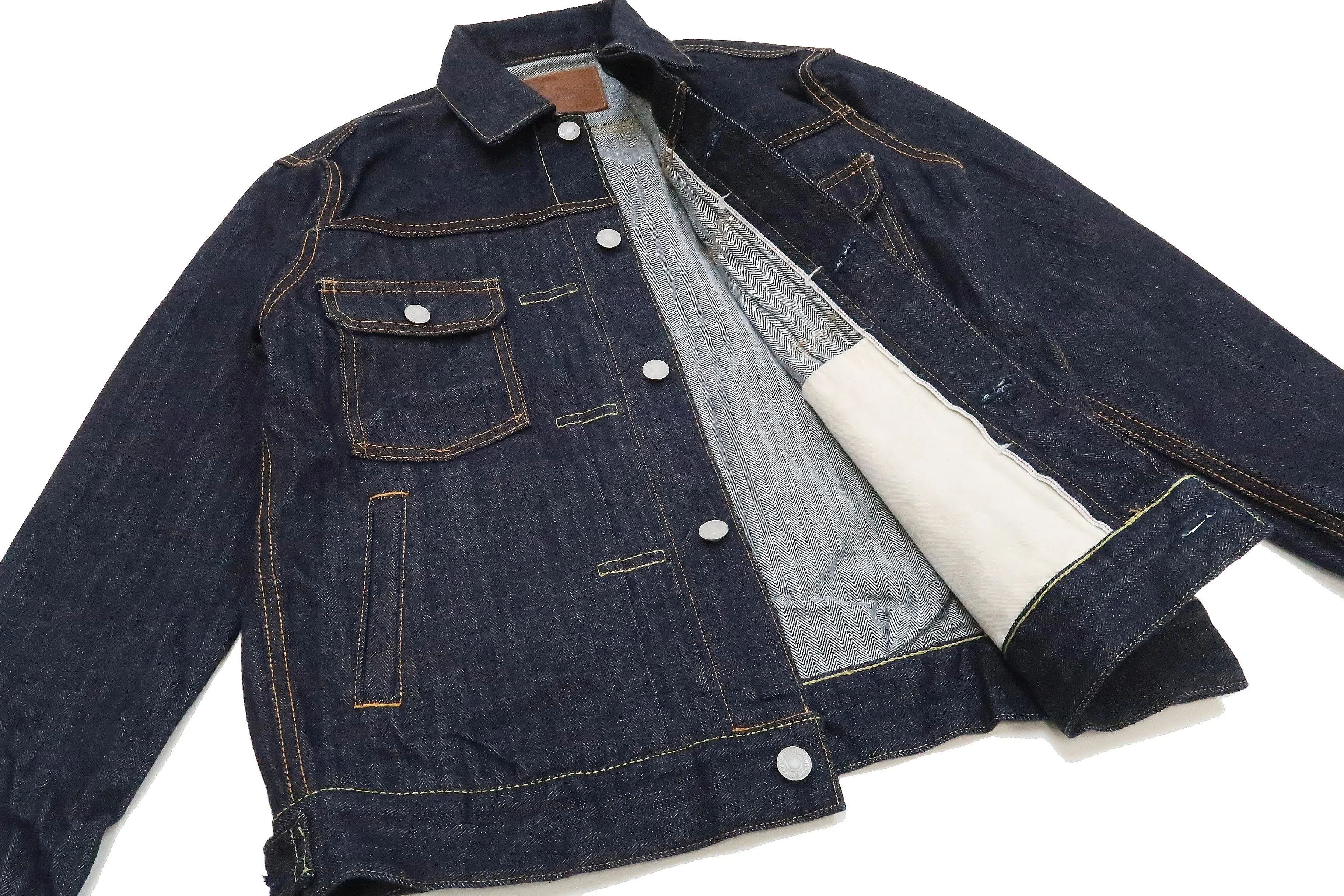 Momotaro Jeans Jacket Men's Modern Indigo Herringbone Denim Trucker Jacket MJK0010M23R Indigo