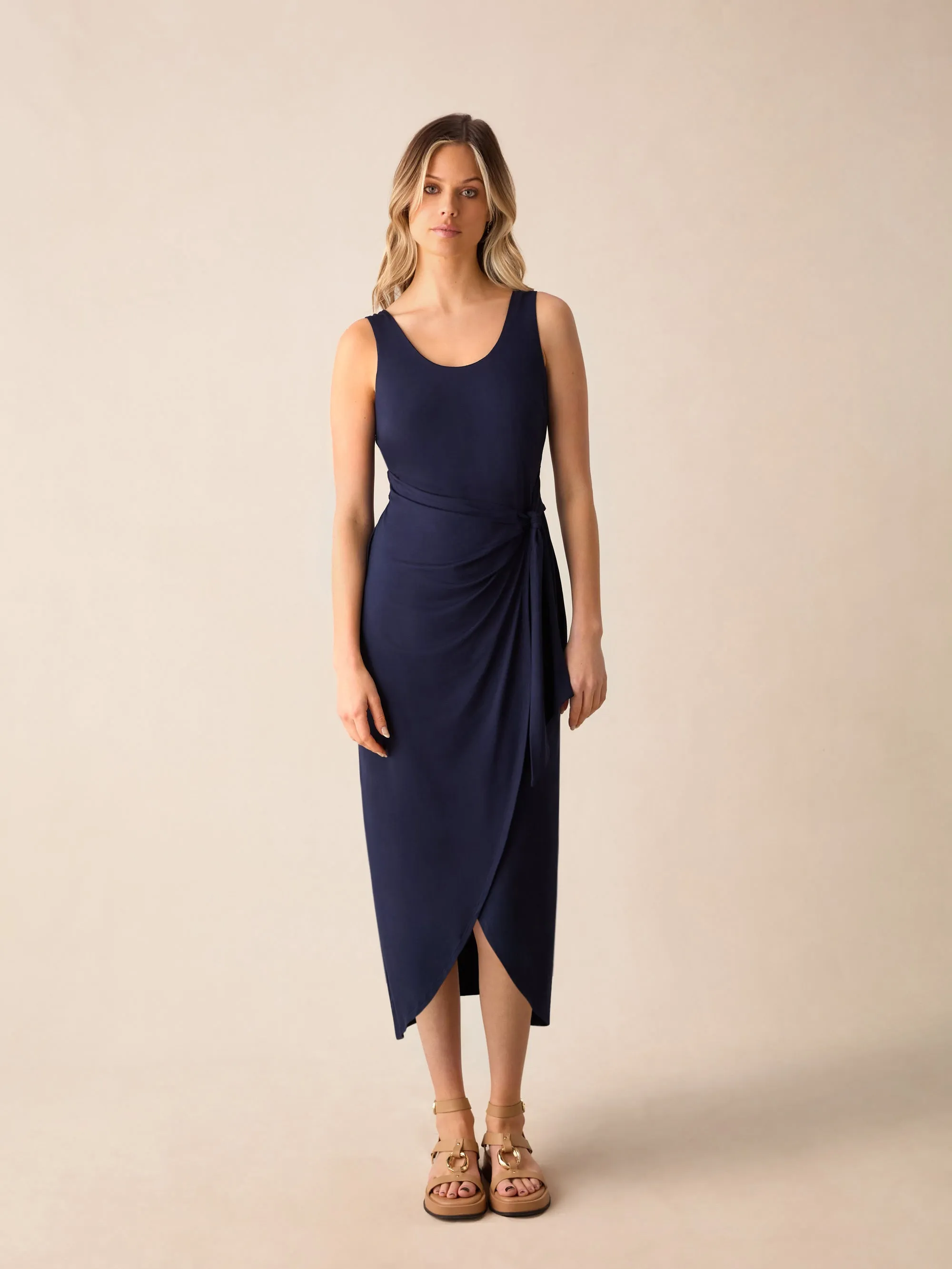 Navy Jersey Tie Waist Dress