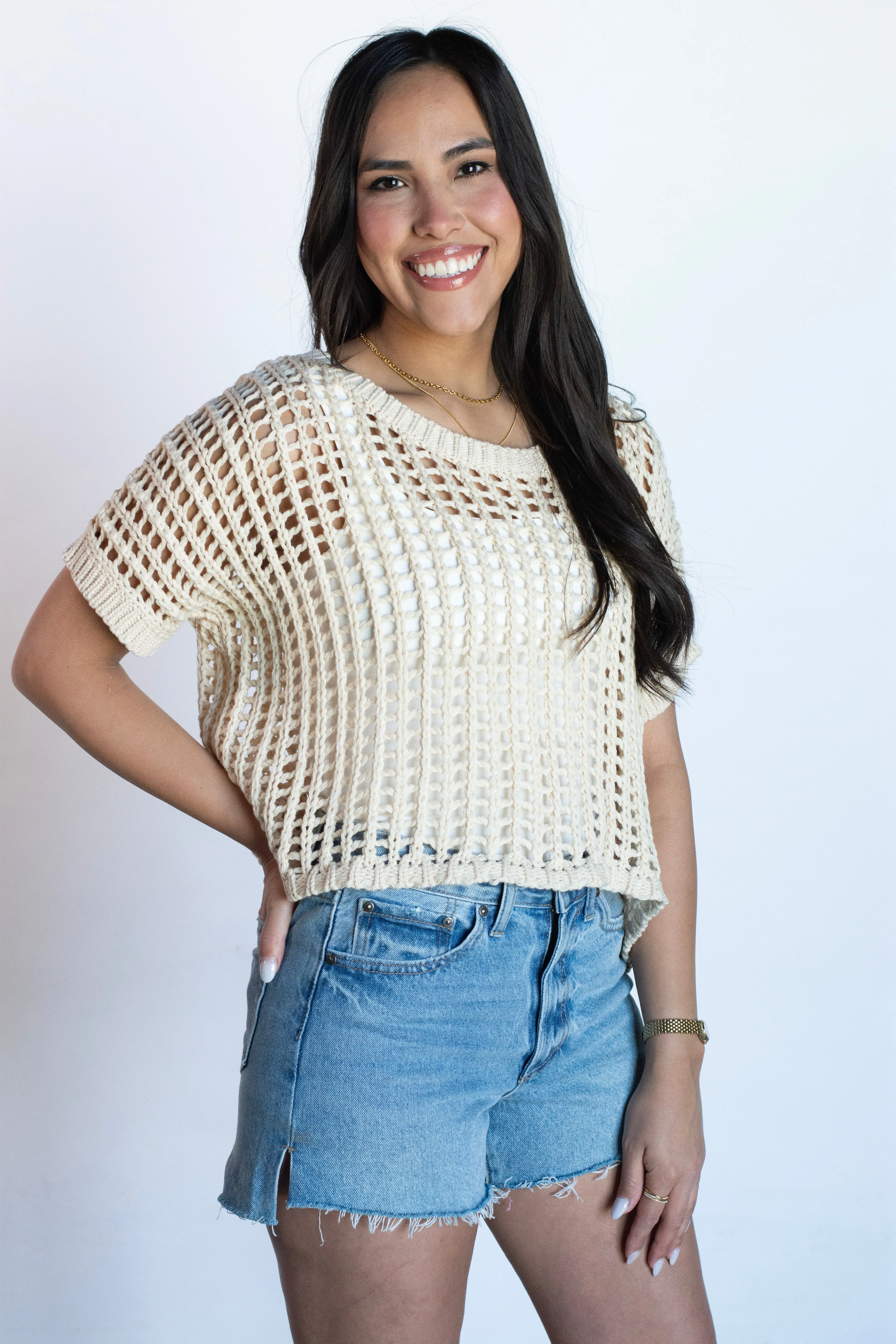 Oceanfront Energy Beige Crochet Top