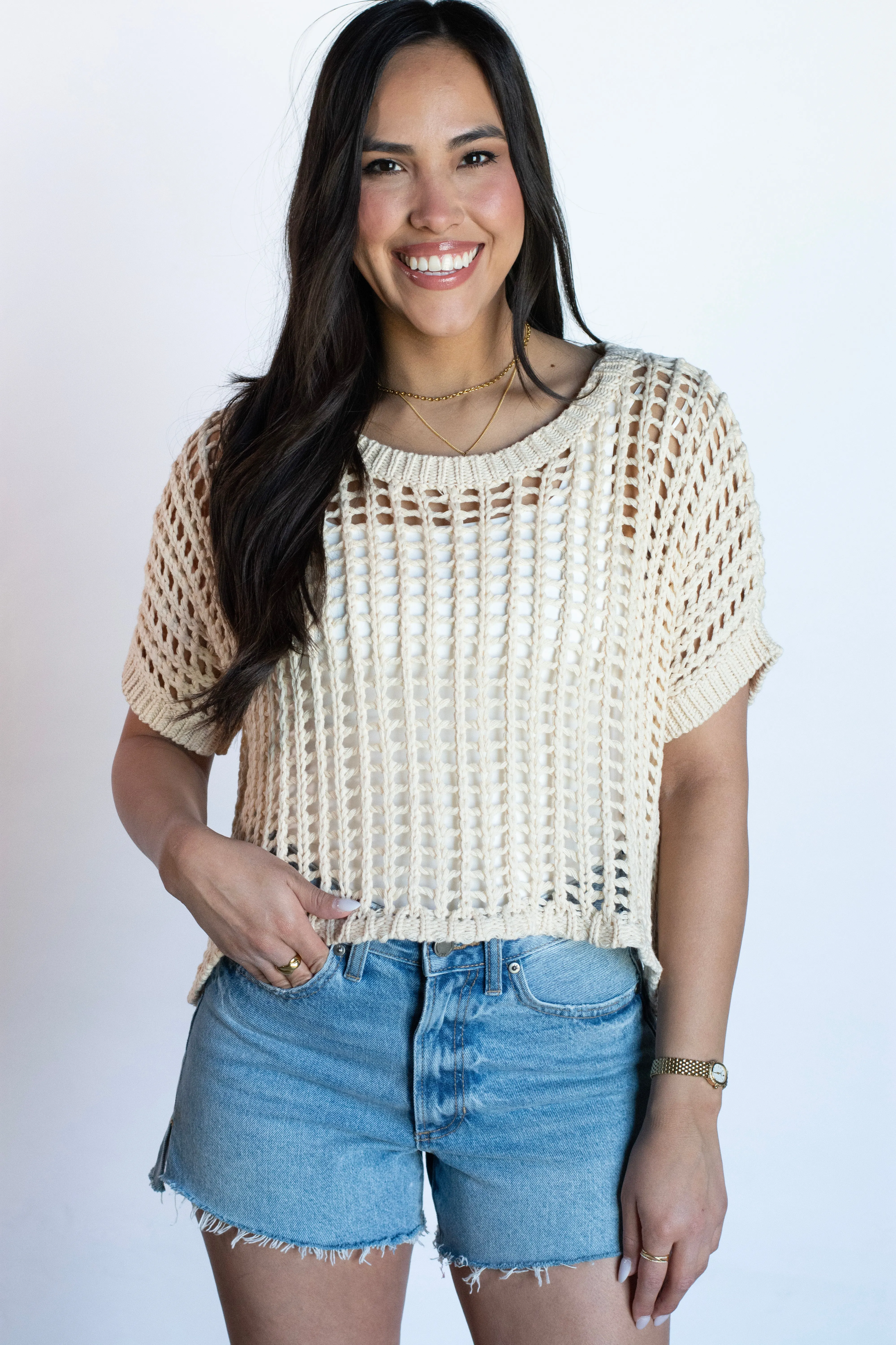 Oceanfront Energy Beige Crochet Top