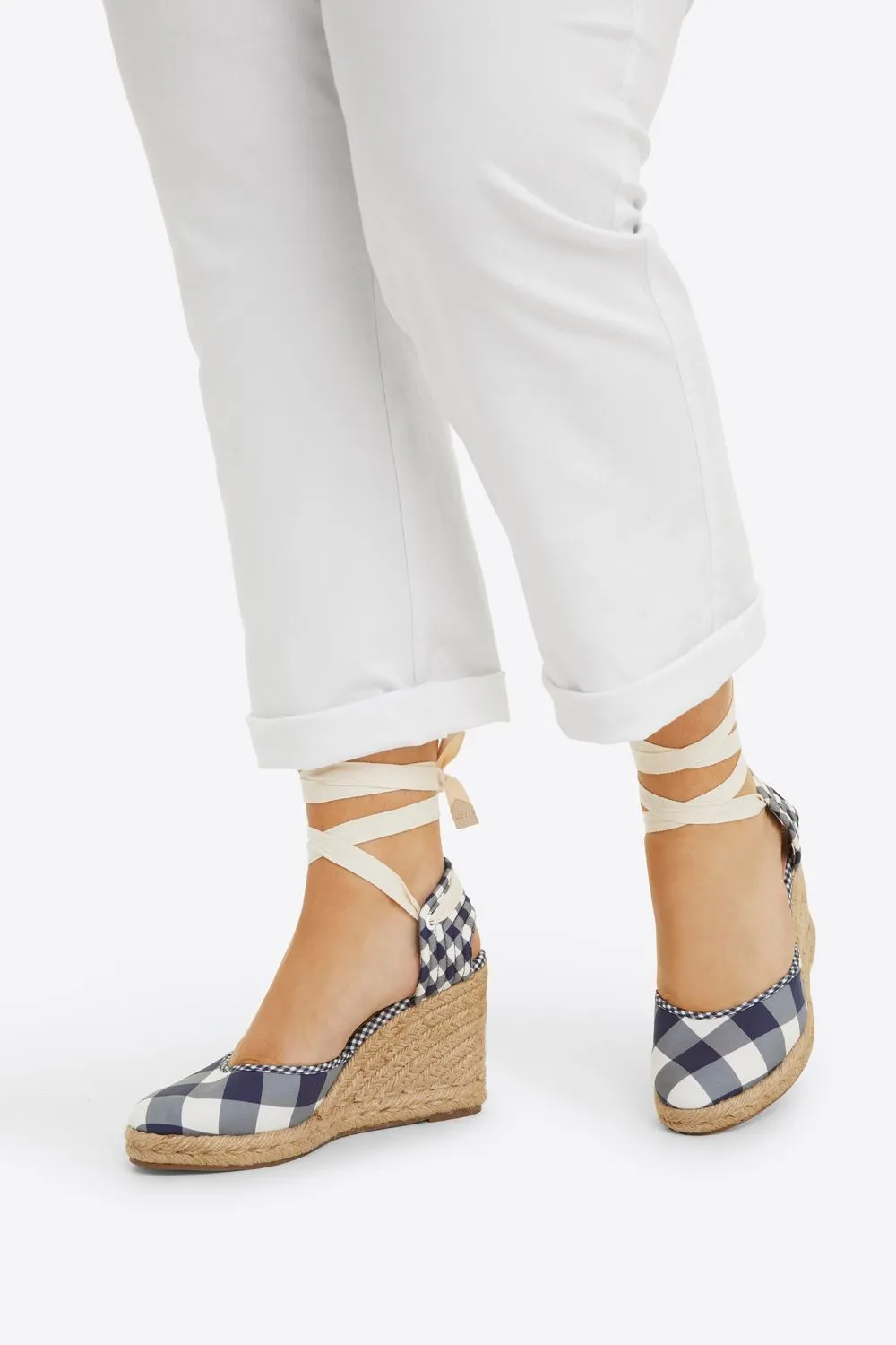 Olivia Espadrille Wedges in Navy Gingham