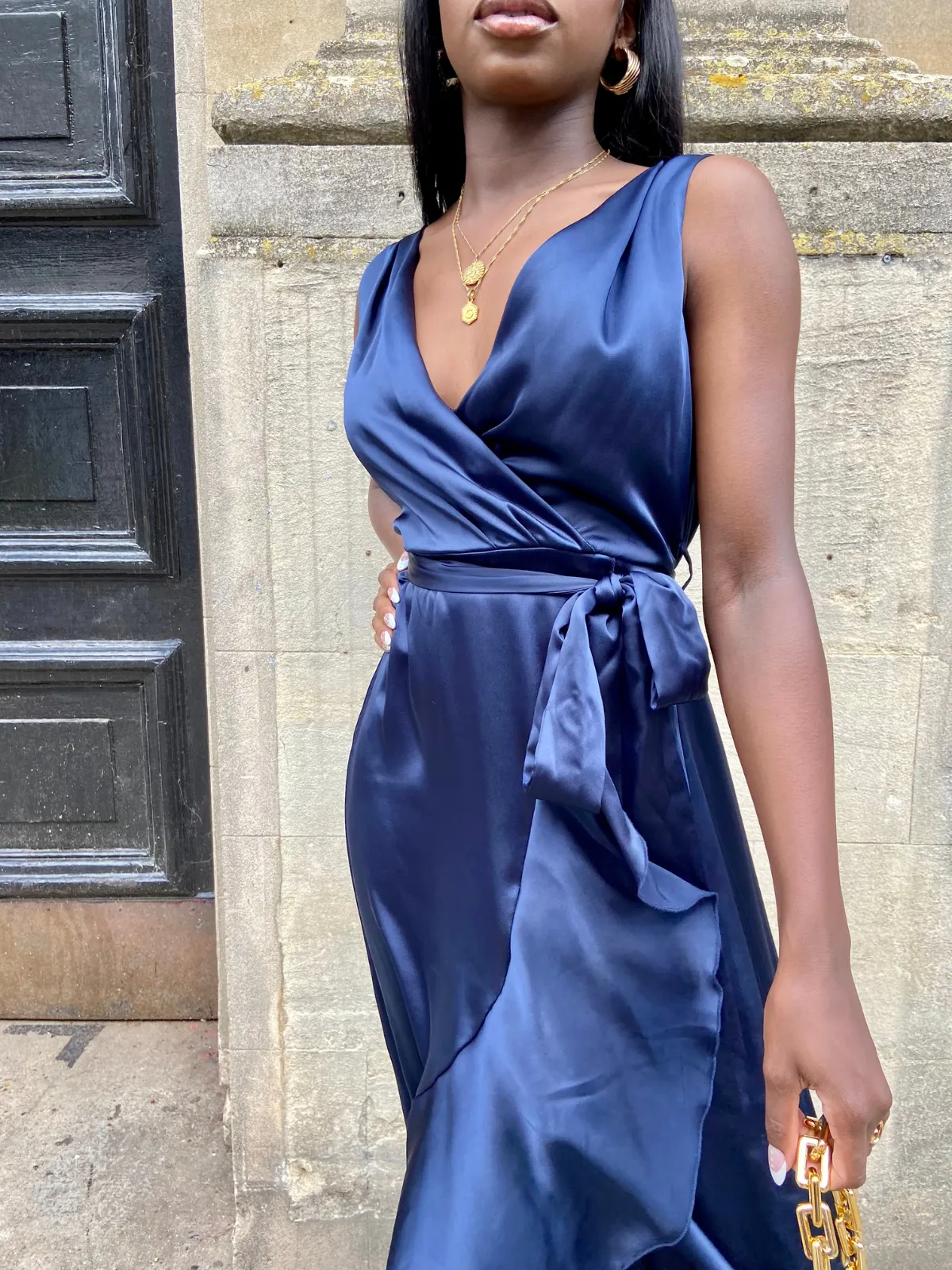 Orla Navy Satin Wrap Midi Dress