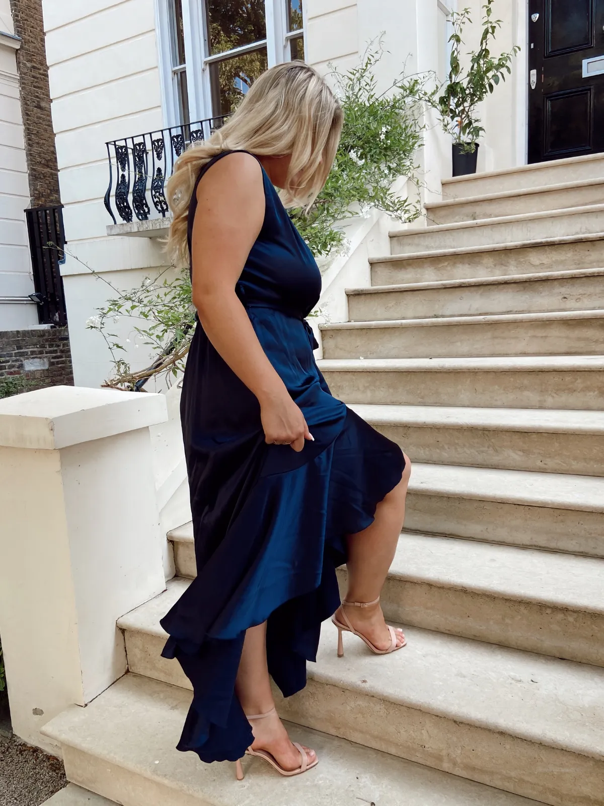 Orla Navy Satin Wrap Midi Dress