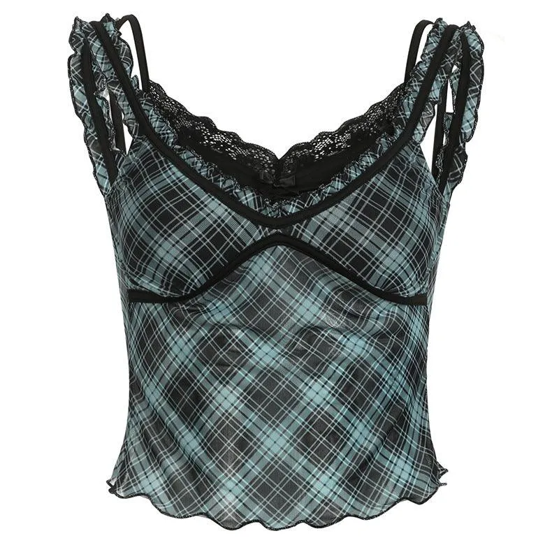 Plaid Mesh Lace Detail Cami Top