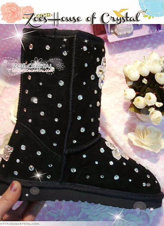 PROMOTION WINTER Black Sheepskin Fleech/Wool Boots with Flowers made with Swarovski / Czech elements