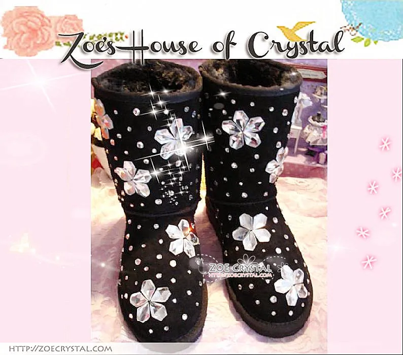 PROMOTION WINTER Black Sheepskin Fleech/Wool Boots with Flowers made with Swarovski / Czech elements