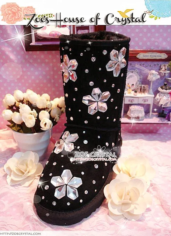 PROMOTION WINTER Black Sheepskin Fleech/Wool Boots with Flowers made with Swarovski / Czech elements