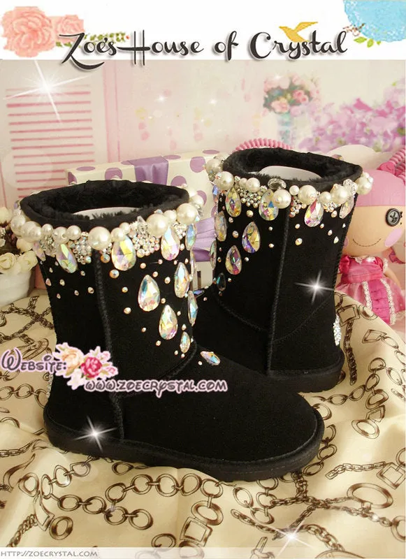 PROMOTION WINTER Black Sheepskin Wool Boots with shinning and stylish CRYSTALS - Falling Stars