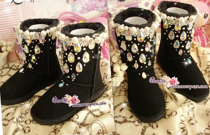 PROMOTION WINTER Black Sheepskin Wool Boots with shinning and stylish CRYSTALS - Falling Stars