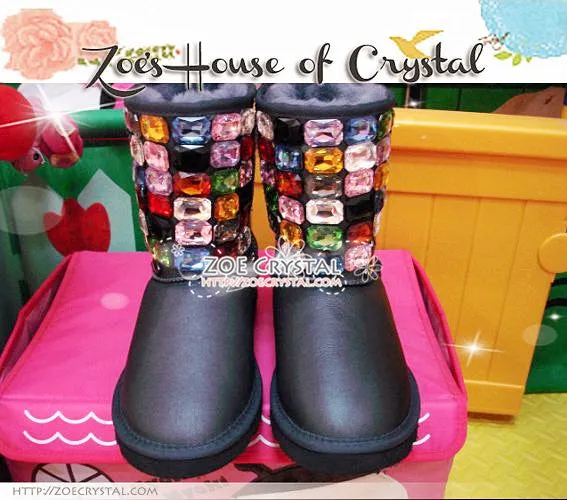 PROMOTION: WINTER Bling and Sparkly Black SheepSkin Wool Boots embroided with Colorful Czech / Swarovski Rhinestones