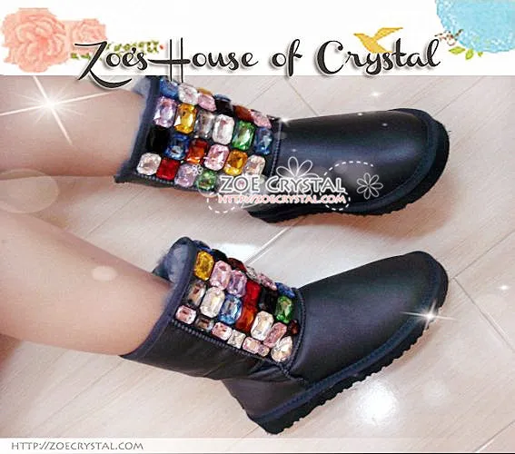 PROMOTION: WINTER Bling and Sparkly Black SheepSkin Wool Boots embroided with Colorful Czech / Swarovski Rhinestones