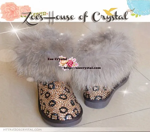 PROMOTION WINTER Bling and Sparkly Leopard Strass Rabbit Fur SheepSkin Wool BOOTS w shinning Czech or Swarovski Crystals