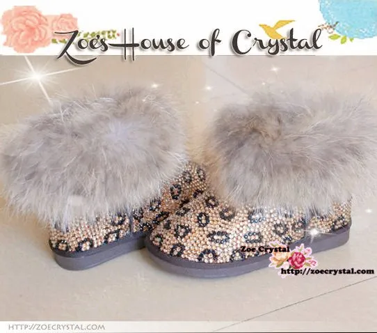 PROMOTION WINTER Bling and Sparkly Leopard Strass Rabbit Fur SheepSkin Wool BOOTS w shinning Czech or Swarovski Crystals